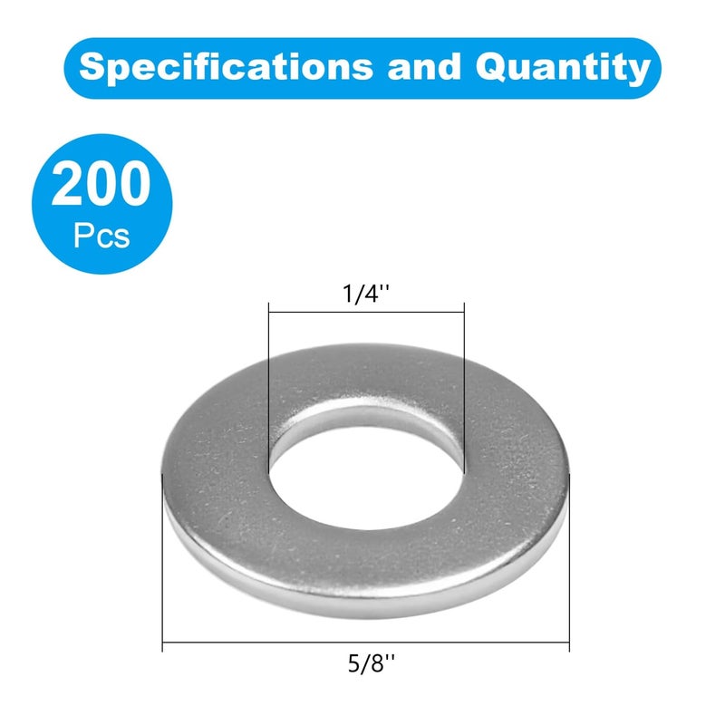 Yinpecly 200pcs 1/4'' Flat Washers OD 5/8'', 304 Stainless Steel Washers,SAE Metal Washers for Screws Bolts - Image 2